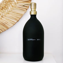 Load image into Gallery viewer, Matt Black Glass Dispenser Bottle With Stamped Personalised Label &amp; Light Brushed Gold Metal Pump
