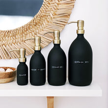 Load image into Gallery viewer, Matt Black Glass Dispenser Bottle With Stamped Personalised Label &amp; Light Brushed Gold Metal Pump
