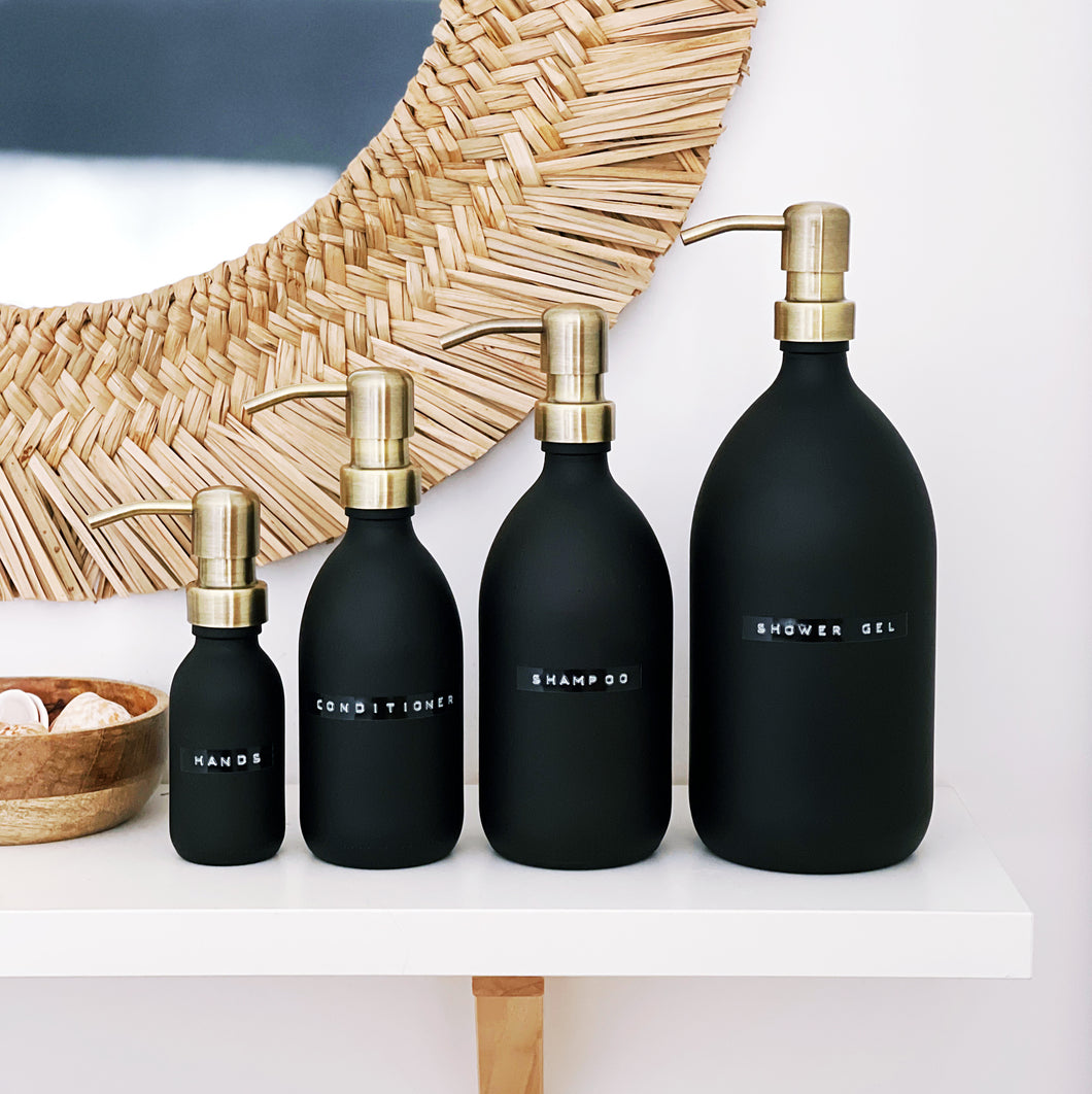 Matt Black Glass Dispenser Bottle With Stamped Personalised Label & Light Brushed Gold Metal Pump