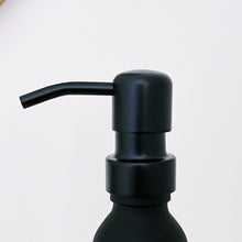 Load image into Gallery viewer, Matt Black Glass Dispenser Bottle With Stamped Personalised Label &amp; Black Metal Pump
