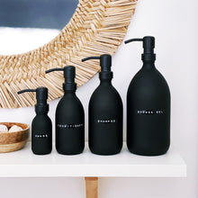 Load image into Gallery viewer, Matt Black Glass Dispenser Bottle With Stamped Personalised Label &amp; Black Metal Pump
