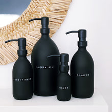 Load image into Gallery viewer, Matt Black Glass Dispenser Bottle With Stamped Personalised Label &amp; Black Metal Pump
