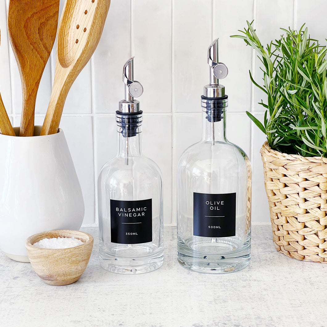 Chunky Glass Oil/Vinegar Pourer Bottle With Black Label