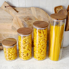 Load image into Gallery viewer, Glass Jar With White Personalised Label And Airtight Natural Acacia Wood Lid
