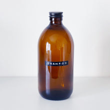 Load image into Gallery viewer, Amber Glass Or Plastic Bottle With Stamped Label &amp; Black Metal Screw Lid
