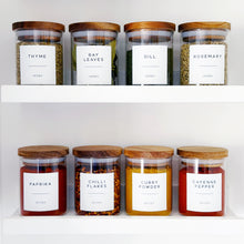 Load image into Gallery viewer, Glass Spice Jar With White Personalised Label And Airtight Acacia Wood Lid
