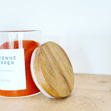 Load image into Gallery viewer, Glass Spice Jar With White Personalised Label And Airtight Acacia Wood Lid
