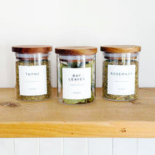 Load image into Gallery viewer, Glass Spice Jar With White Personalised Label And Airtight Acacia Wood Lid
