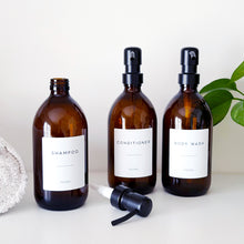 Load image into Gallery viewer, Set Of 3 Amber Bottles - Glass Or Plastic - Shampoo, Conditioner &amp; Body Wash - Black Metal Pumps
