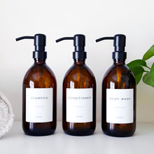 Load image into Gallery viewer, Set Of 3 Amber Bottles - Glass Or Plastic - Shampoo, Conditioner &amp; Body Wash - Black Metal Pumps
