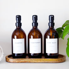 Load image into Gallery viewer, Set Of 3 Amber Bottles - Glass Or Plastic - Shampoo, Conditioner &amp; Body Wash - Black Metal Pumps

