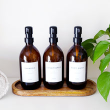 Load image into Gallery viewer, Set Of 3 Amber Bottles - Glass Or Plastic - Shampoo, Conditioner &amp; Body Wash - Black Metal Pumps
