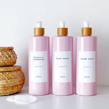 Load image into Gallery viewer, Pink Plastic Dispenser Bottle With White Personalised Label And Bamboo Pump
