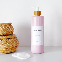 Load image into Gallery viewer, Pink Plastic Dispenser Bottle With White Personalised Label And Bamboo Pump
