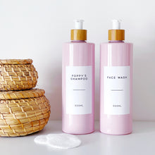 Load image into Gallery viewer, Pink Plastic Dispenser Bottle With White Personalised Label And Bamboo Pump
