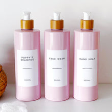 Load image into Gallery viewer, Pink Plastic Dispenser Bottle With White Personalised Label And Bamboo Pump
