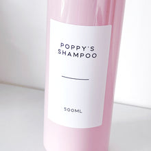 Load image into Gallery viewer, Pink Plastic Dispenser Bottle With White Personalised Label And Bamboo Pump
