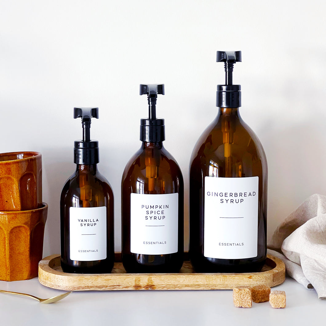 Amber Glass Syrup Dispenser Bottle With White Personalised Label And Plastic Pump