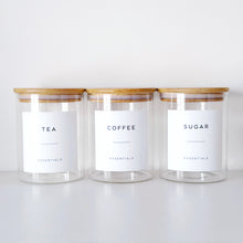 Load image into Gallery viewer, Set Of 3 Glass &amp; Bamboo Jars - Tea, Coffee &amp; Sugar
