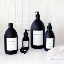 Load image into Gallery viewer, Matt Black Glass Dispenser Bottle With Personalised Label &amp; Black Plastic Pump
