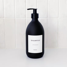 Load image into Gallery viewer, Matt Black Glass Dispenser Bottle With Personalised Label &amp; Black Plastic Pump
