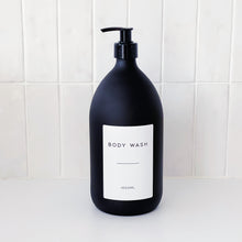 Load image into Gallery viewer, Matt Black Glass Dispenser Bottle With Personalised Label &amp; Black Plastic Pump
