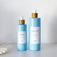 Load image into Gallery viewer, Blue Plastic Dispenser Bottle With White Personalised Label And Bamboo Pump
