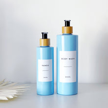 Load image into Gallery viewer, Blue Plastic Dispenser Bottle With White Personalised Label And Bamboo Pump
