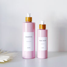 Load image into Gallery viewer, Pink Plastic Dispenser Bottle With White Personalised Label And Bamboo Pump
