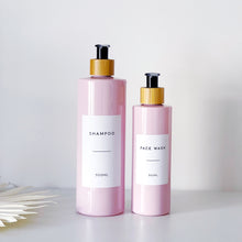 Load image into Gallery viewer, Pink Plastic Dispenser Bottle With White Personalised Label And Bamboo Pump
