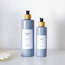 Load image into Gallery viewer, Grey Plastic Dispenser Bottle With White Personalised Label And Bamboo Pump

