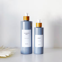 Load image into Gallery viewer, Grey Plastic Dispenser Bottle With White Personalised Label And Bamboo Pump
