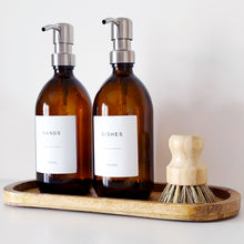 Load image into Gallery viewer, Set Of 2 Amber Bottles - Glass Or Plastic - Hands &amp; Dishes - Silver Metal Pumps
