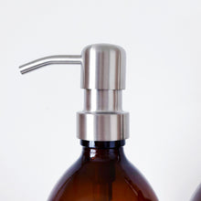 Load image into Gallery viewer, Set Of 2 Amber Bottles - Glass Or Plastic - Hands &amp; Dishes - Silver Metal Pumps
