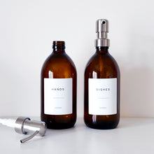 Load image into Gallery viewer, Set Of 2 Amber Bottles - Glass Or Plastic - Hands &amp; Dishes - Silver Metal Pumps
