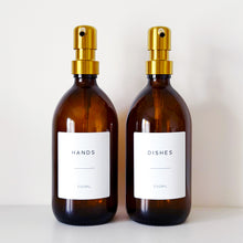 Load image into Gallery viewer, Set Of 3 Amber Bottles - Glass Or Plastic - Hands, Dishes And Surfaces - Metal Pump Dispensers &amp; Trigger Spray
