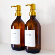 Load image into Gallery viewer, Set Of 2 Amber Bottles - Glass Or Plastic - Hands &amp; Dishes - Gold Metal Pumps
