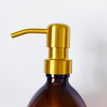 Load image into Gallery viewer, Set Of 2 Amber Bottles - Glass Or Plastic - Hands &amp; Dishes - Gold Metal Pumps
