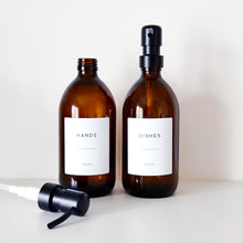 Load image into Gallery viewer, Set Of 2 Amber Bottles - Glass Or Plastic - Hands &amp; Dishes - Black Metal Pumps

