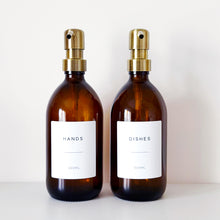 Load image into Gallery viewer, Set Of 3 Amber Bottles - Glass Or Plastic - Hands, Dishes And Surfaces - Metal Pump Dispensers &amp; Trigger Spray
