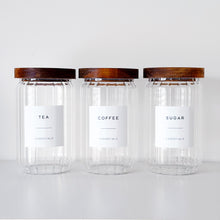Load image into Gallery viewer, Ribbed Glass Tea, Coffee, Sugar Jars - Set Of 3 - Optional Wooden Tray
