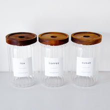 Load image into Gallery viewer, Ribbed Glass Tea, Coffee, Sugar Jars - Set Of 3 - Optional Wooden Tray
