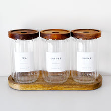 Load image into Gallery viewer, Ribbed Glass Tea, Coffee, Sugar Jars - Set Of 3 - Optional Wooden Tray
