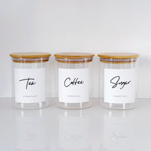 Load image into Gallery viewer, Set Of 3 Glass &amp; Bamboo Jars - Tea, Coffee &amp; Sugar
