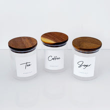 Load image into Gallery viewer, Set Of 3 Glass &amp; Acacia Jars - Tea, Coffee &amp; Sugar
