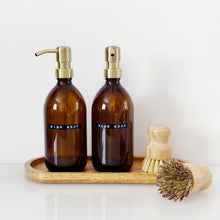 Load image into Gallery viewer, Set Of 2 Amber Bottles - Glass Or Plastic - Hand Soap &amp; Dish Soap - Light Brushed Gold Metal Pumps
