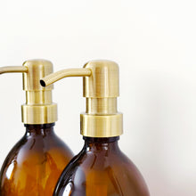 Load image into Gallery viewer, Set Of 2 Amber Bottles - Glass Or Plastic - Hand Soap &amp; Dish Soap - Light Brushed Gold Metal Pumps
