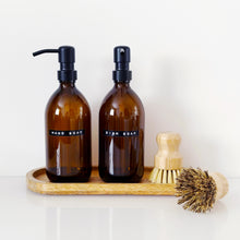 Load image into Gallery viewer, Set Of 2 Amber Bottles - Glass Or Plastic - Hand Soap &amp; Dish Soap - Black Metal Pumps
