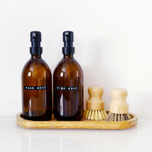 Load image into Gallery viewer, Set Of 2 Amber Bottles - Glass Or Plastic - Hand Soap &amp; Dish Soap - Black Metal Pumps
