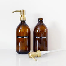 Load image into Gallery viewer, Set Of 2 Amber Bottles - Glass Or Plastic - Hand Soap &amp; Dish Soap - Light Brushed Gold Metal Pumps
